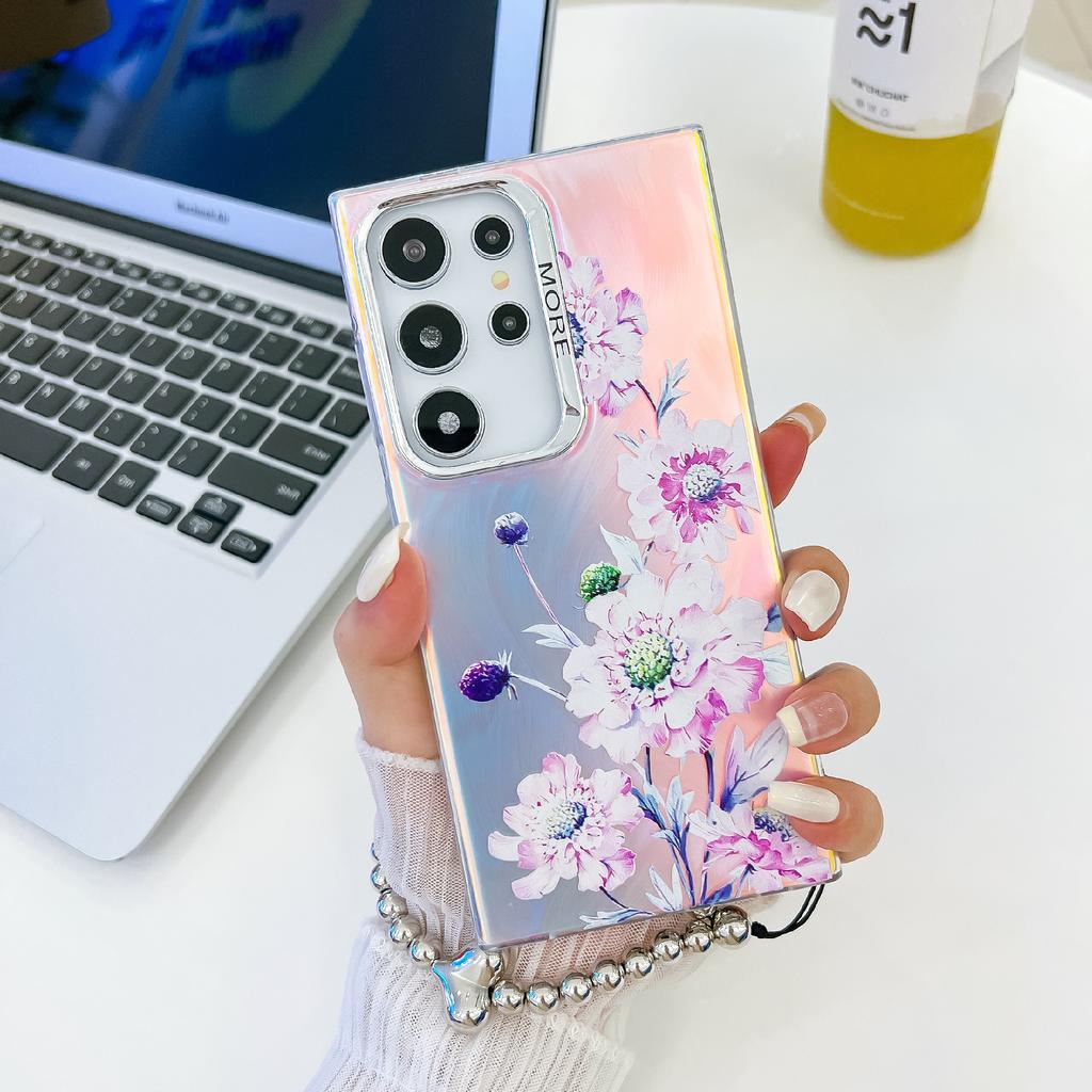 For Samsung Galaxy S24 Ultra Case TPU+PC Flower Pattern Laser Texture Phone Cover with Beaded Bracelet