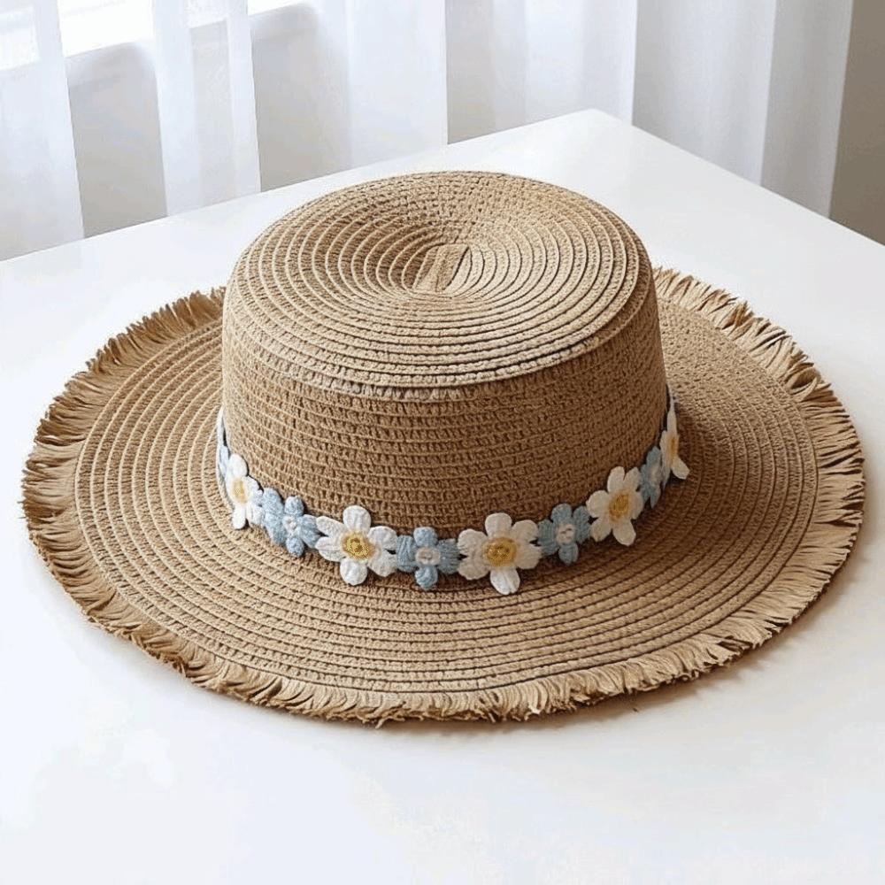 Breathable Wide Brim Flower Straw Hat Sun Protection Flat Top Sunscreen Sun Hat Panama Hat UV Protection Visor Cap Men