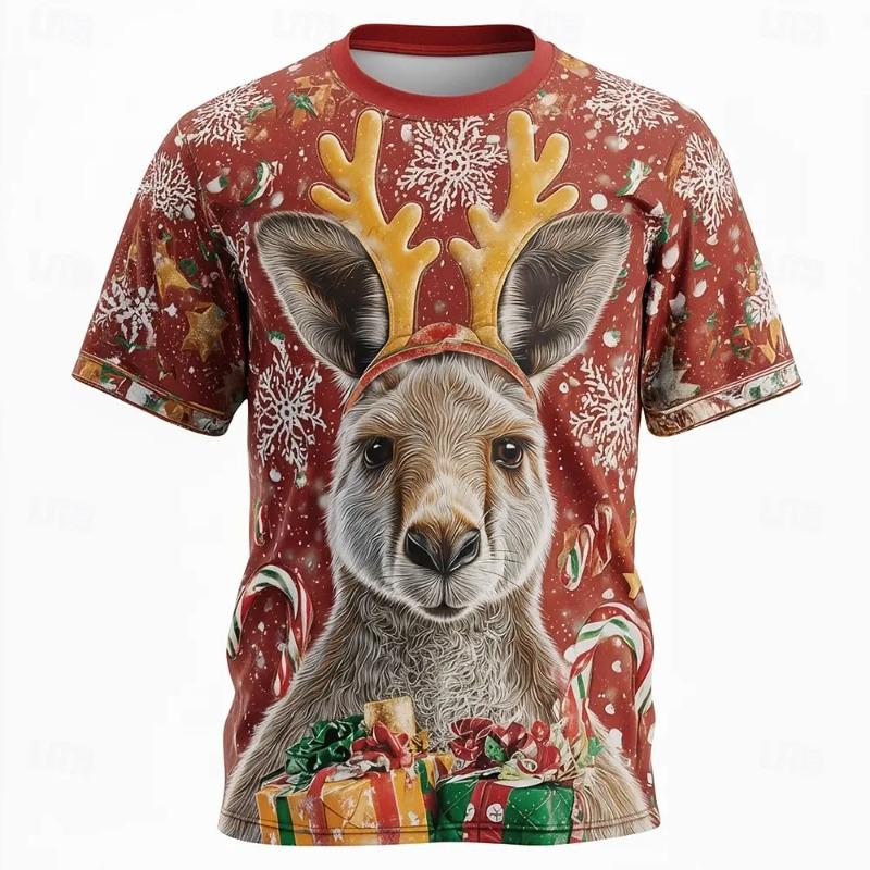 Funny Christmas Animal 3D T-Shirt for Men, Reindeer Antlers Holiday Outfit, Cute Xmas Party Top Clothing Apparel