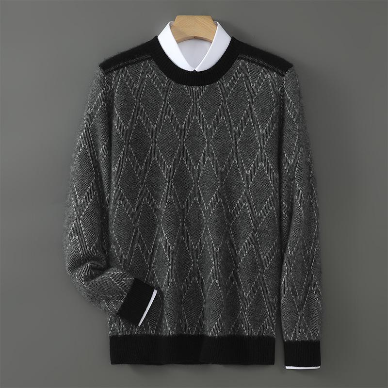 Men's Pure Wool Diamond Pattern Round Neck Loose Knit Sweater - Autumn/Winter Pullover