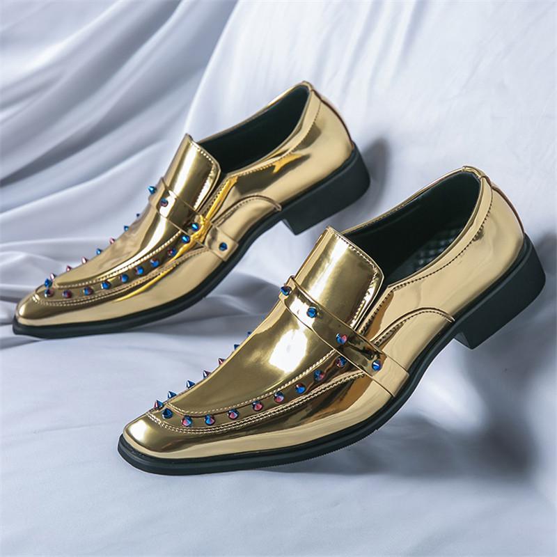 New Fashion Brand Designer Gold Silver Black Chelsea Leather Shoes For Men Hip-Hop Rock Colours Rivet Wedding Prom Footwear