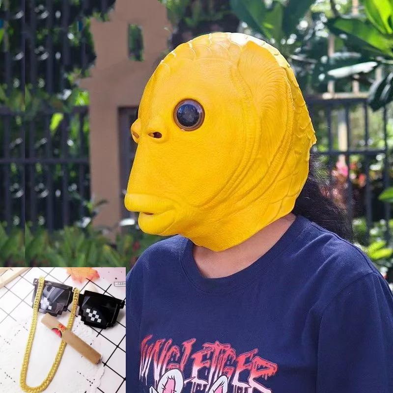 Cute and Funny Halloween Green Fish Head Red Fish Head Funny Cosplay Costume Mask Adult Carnival Party Fish Head Mask Latex