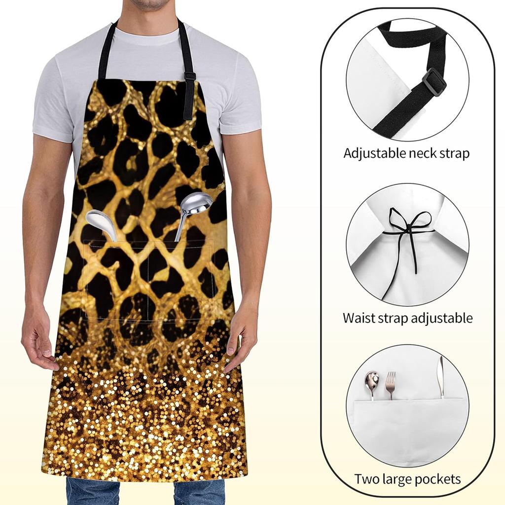 Leopard Print Apron for Women,28x33in,Cheetah Kitchen Aprons with 2 Pockets,Oxford Fabric,Bold Gold Glitter Adjustable Apron for Cooking Baking
