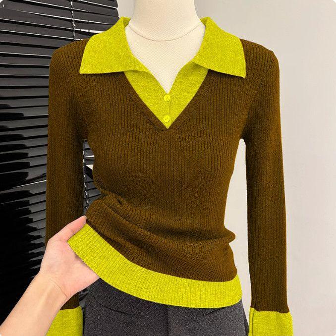 Women's Color-block Polo Knit Sweater Autumn Winter Slim-fit Stretchy Knit Sweater Soft Skin-friendly Knit Pullover