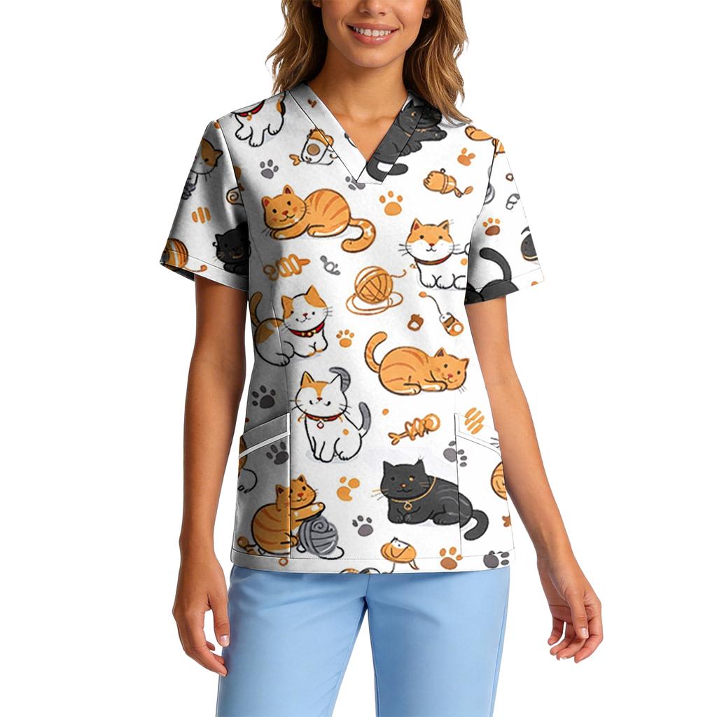 Top de Trabalho Feminino com Gola V de Manga Curta, Stretch e Secagem Rápida, com Estampa Animal e Bolsos