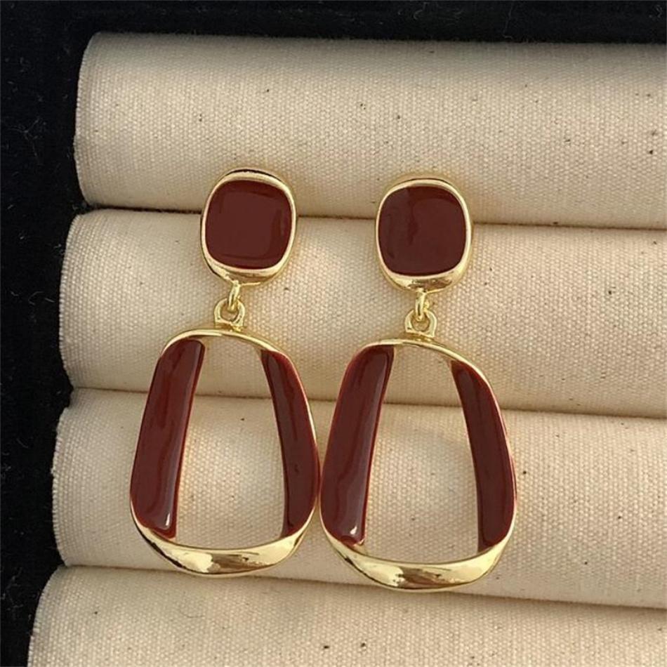 Ancona Red Big Hollow Square Enamel Geometry Drop Earrings Exaggerated Wedding Party Jewelry Accessories Christmas Gift