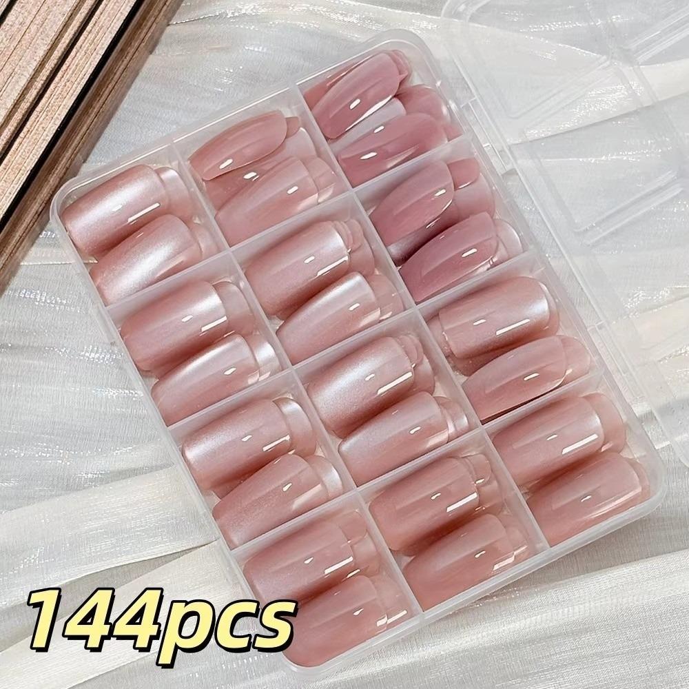 

144pcs Nude Color Cat Eye Artificial Nails Medium T Ballet Shape Flashing White Accent Nude Ballet Nails Detachable Long Lasting