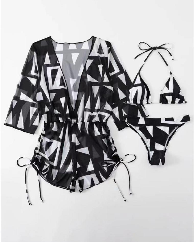 2023 European & American Sexy Three-Piece Digital Print Swimsuit Beach Bikini Set