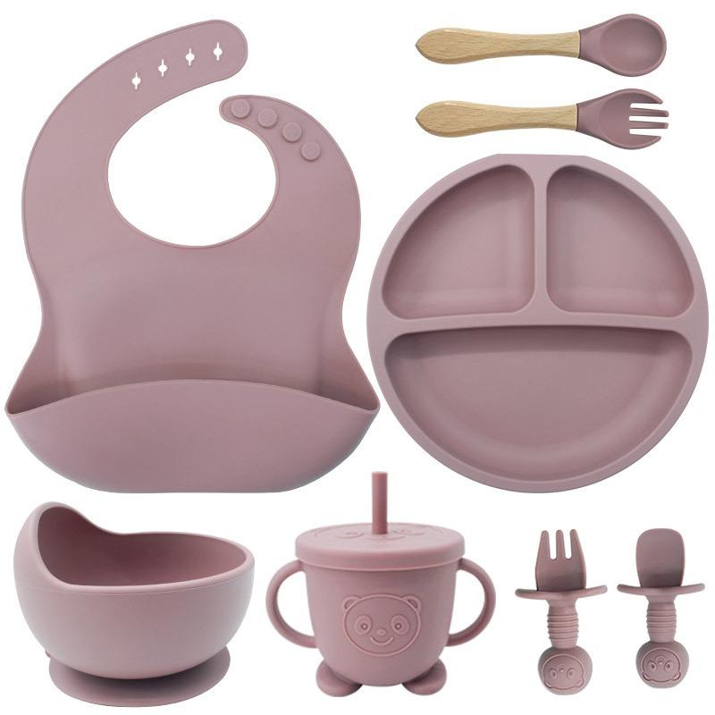 Set de farfurii din silicon pentru copii pentru a învăța să mănânci, furculiță de antrenament, lingură, supliment alimentar, ventuză, bol, anticădere și antiopărire