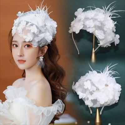 Luxury Feather Hat Hair Hoop Black/White Net Hairband Stylish Mesh Veil Headdress Caps  for Women