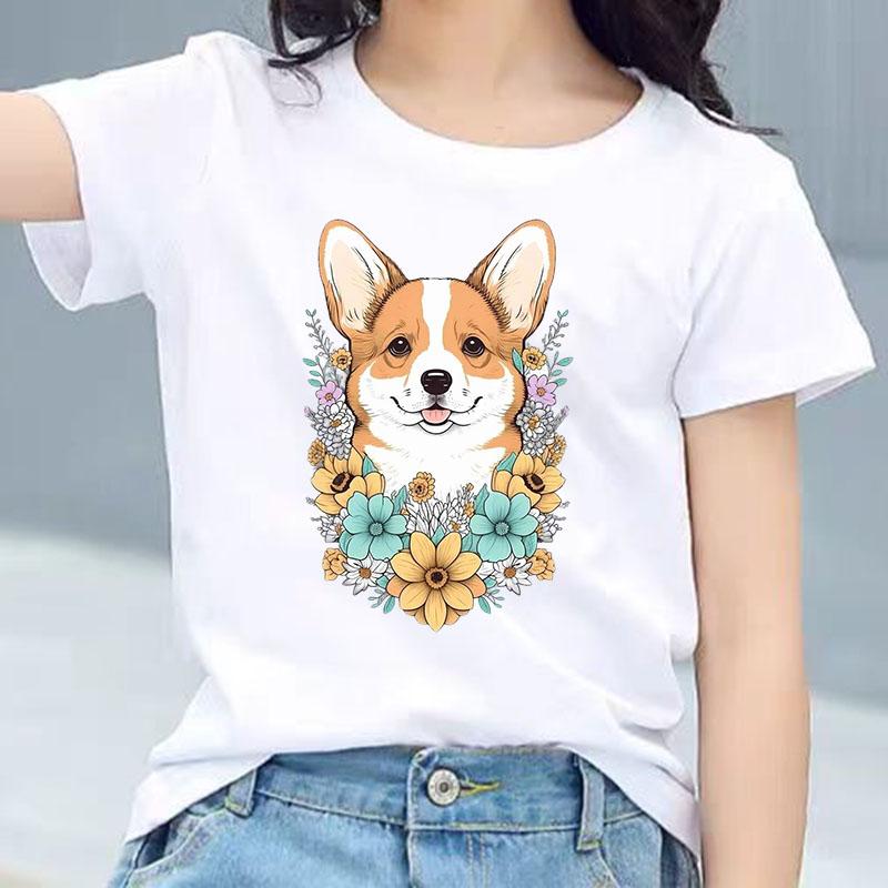 Welsh Corgi Surrounded Colorful Blooms Graphic Tee Kids 100 Cotton Crew Neck T Shirt Cute Puppy Print Short Sleeve Stylish Top