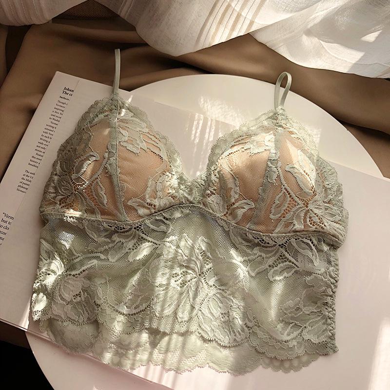 Lace Wire-Free Triangle Cup Bra & Panty Set with Strappy Design and Chest Pads for Small Busts