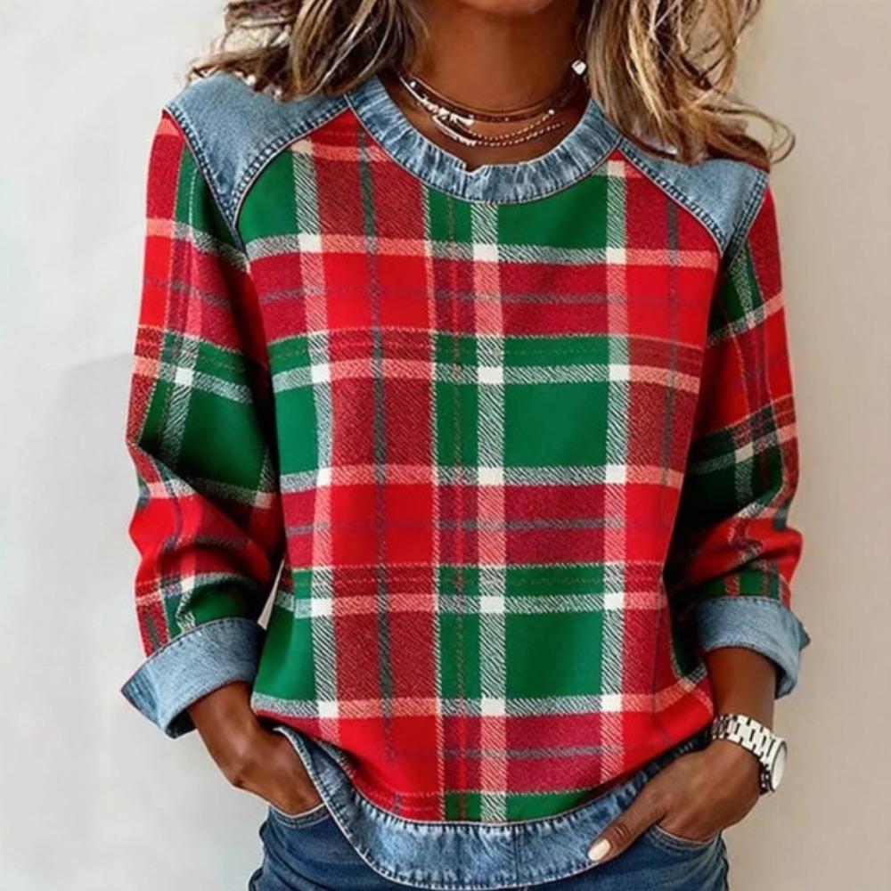 Damen karierter Patchwork-Kapuzenpullover aus Kunstdenim, Rundhals lockeres lässiges Sweatshirt, Mode bequemes Streetwear-Oberteil