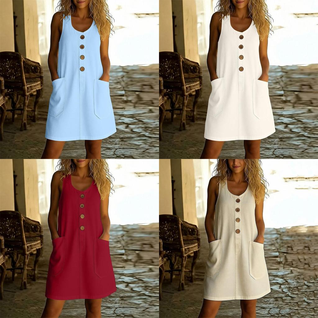 Abito Estivo Casual Senza Maniche in Lino Monocolore Giuntato con Scollo a U per Donna