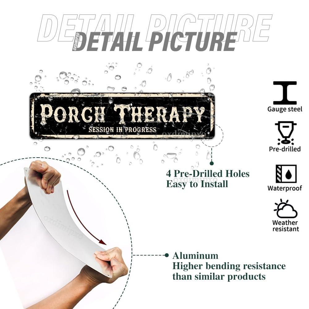 2D Vintage Porch Therapy Weathered Aluminum Sign 4x16 Inch Funny Rustic Farmhouse Decor