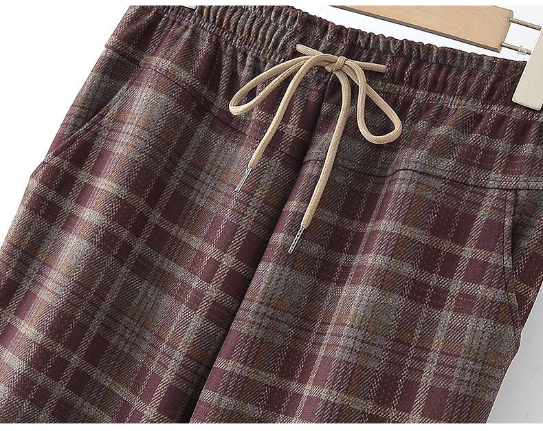 Spring Style Fashionable Plaid Elastic High Waist Pants for Middle-aged and Elderly Women