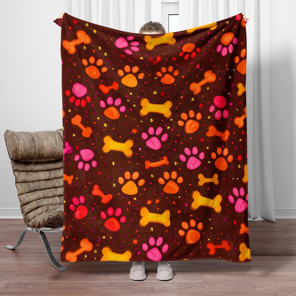 Dog Paw Prints and Bones Pattern Blanket Soft Flannel Throw Home Decor Art Print Pet Theme Bedding Gift for Dog Owners