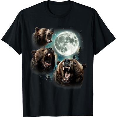 Three Grizzly Bears Howl At Moon Starry Mountain Forest Bear Cotton Men T Shirt