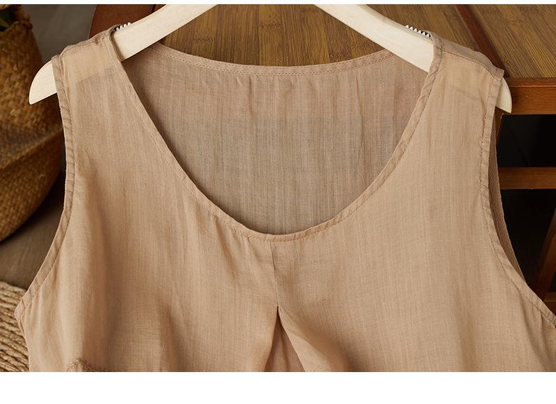 Retro Embroidered Sleeveless Ramie Top - Thin, Breathable, Versatile Summer Base Layer Vest for Women