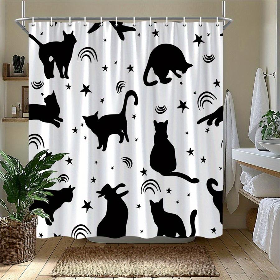 1pc Black shower curtain with cat silhouette and starry sky pattern, made of polyester fabric, suitable for bathroom décor.