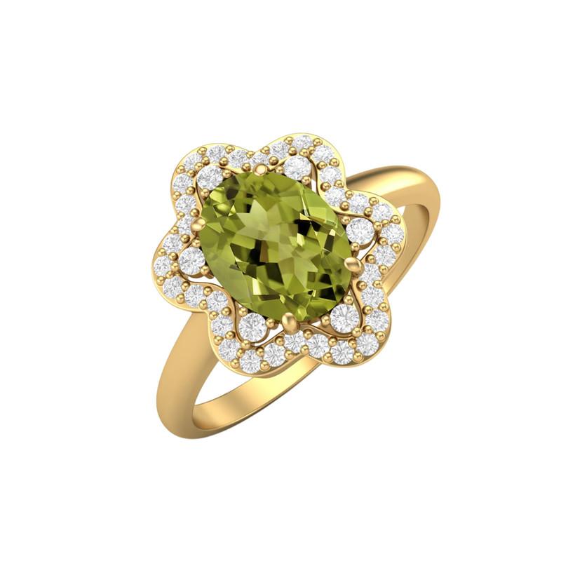 8X6MM Oval Peridot Gemstone 925 Sterling Silver Gold Plated Solitaire Halo Women Engagement Ring