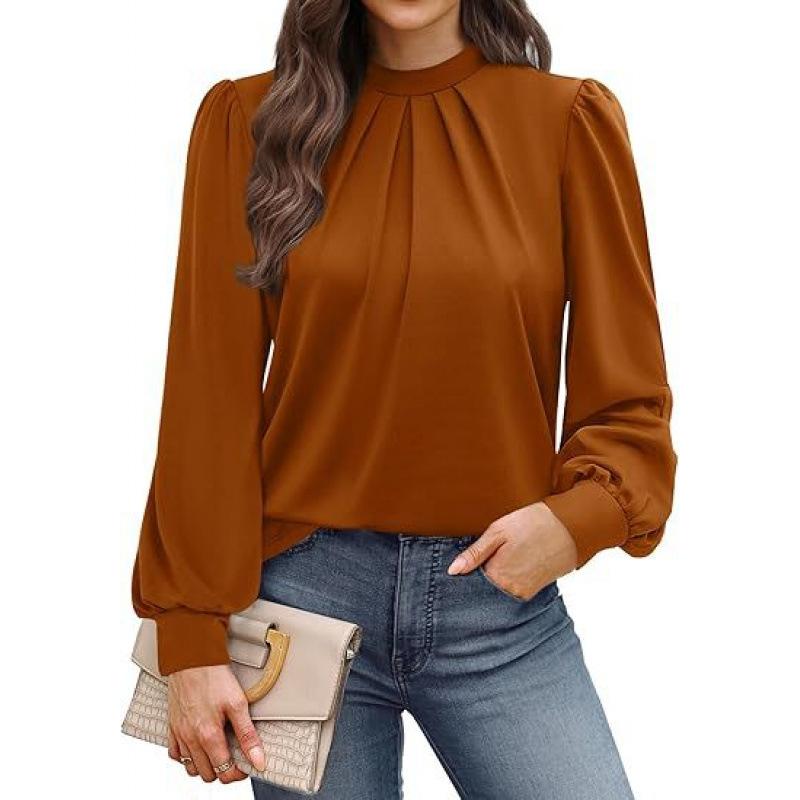 Spring Autumn Stand Collar Loose Casual Elegant Pullover Blouse Women Long Sleeve Solid Color Folds Shirt Top