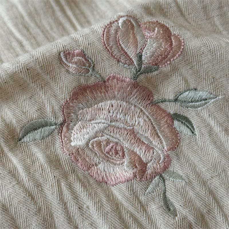 Elegant Rose Embroidery Lace Edge Linen Cotton Bedding Set Double Queen King Size Duvet Cover Flat/Fitted Sheet Pillowcases 4Pcs