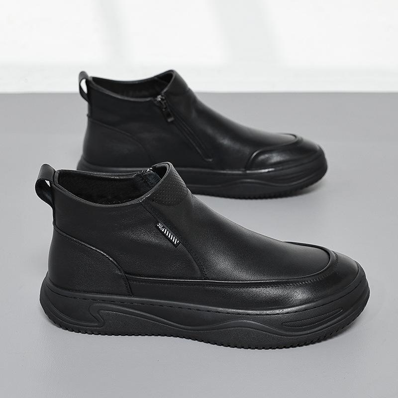Modische Herren Warme Lässige High-Top Baumwollstiefel mit Fleece Mode Neuer Designer Herbst Winter Schwarz Rindsleder Schuhe für Herren