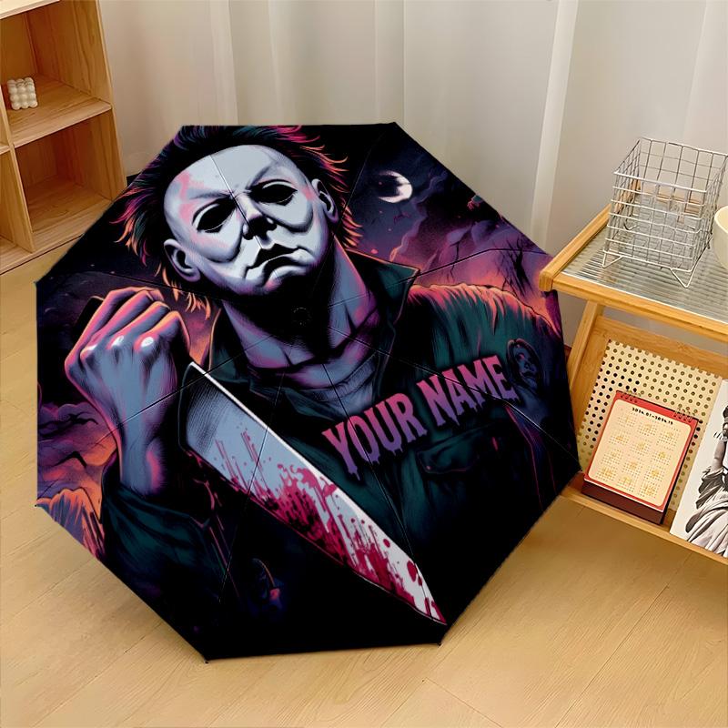 Custom Text Automatic 8 Bone Umbrella, Portable Sun Rain Protection UmbrellaHalloween Michael Myers