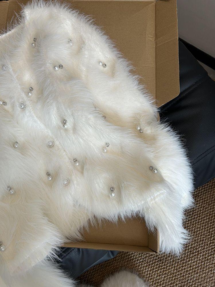 White Elegant Heavy Industry Beaded Cardigan Women Retro Soft Glutinous Knitted Sweater Jacket Autumn Winter New Mink Casual Coat