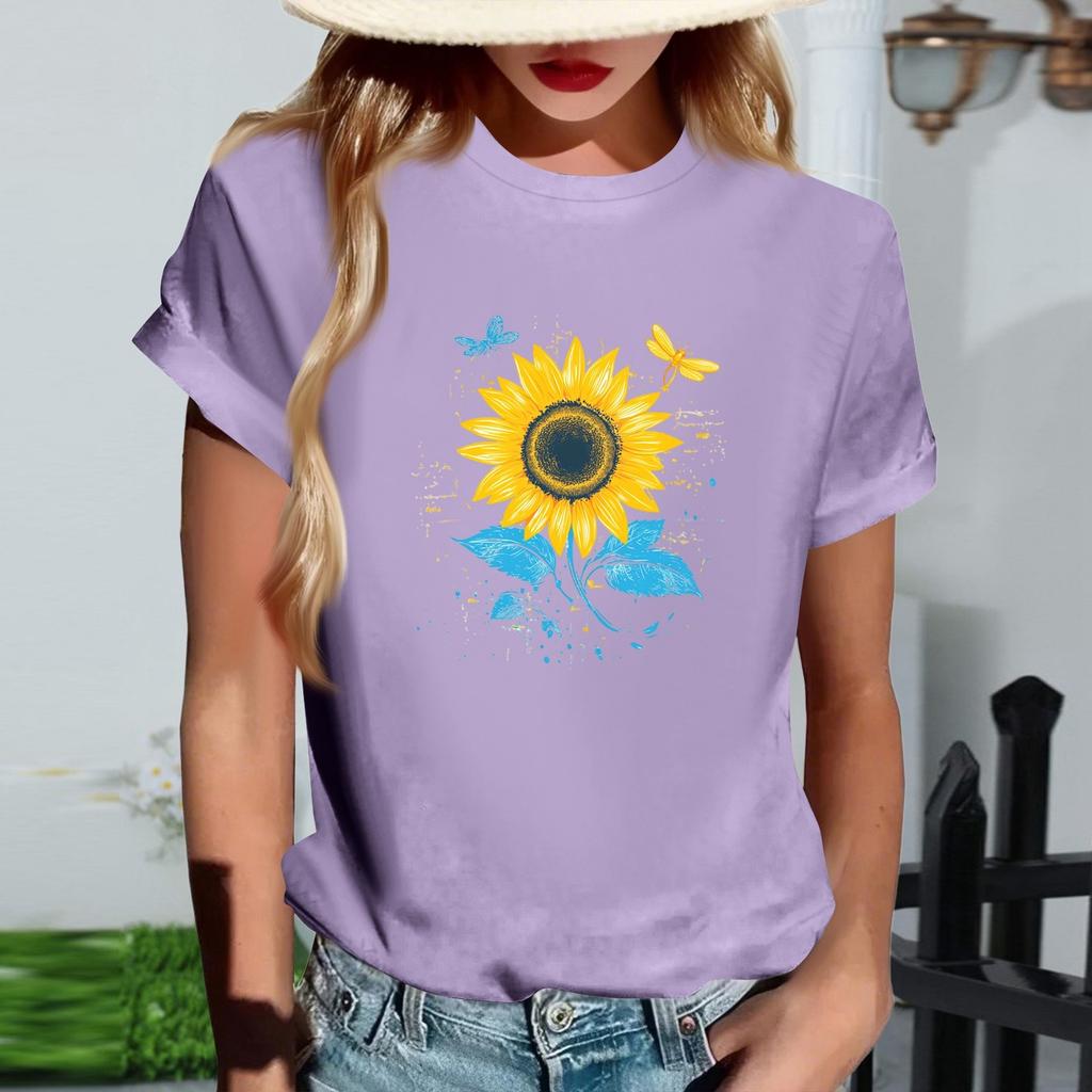 Damen Modisches Rundhals Casual Retro Print Kurzarm T-Shirt Top