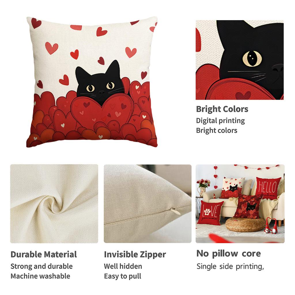 4Pcs Valentine'S Day Red Heart And Cute Black Cat Pattern Pillow Cover, Used For Living Room And Sofa, (Excluding Pillow Core)