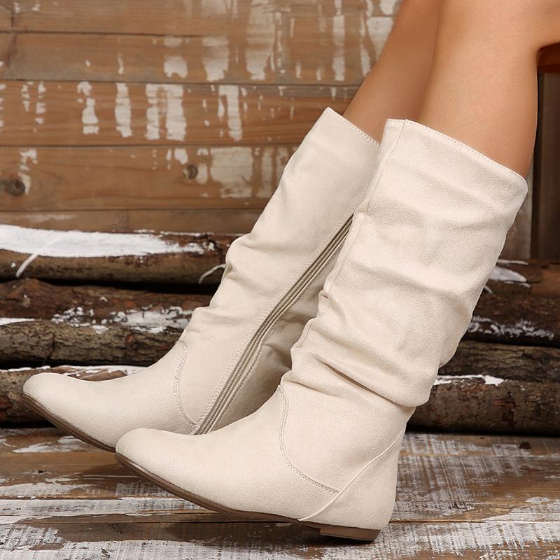 Autumn Winter Pink Mid Calf Boots Women 2025 Fashion Faux Suede Pleated Boots Woman Plus Size 36-42 Flat Heel Long Botas Mujer