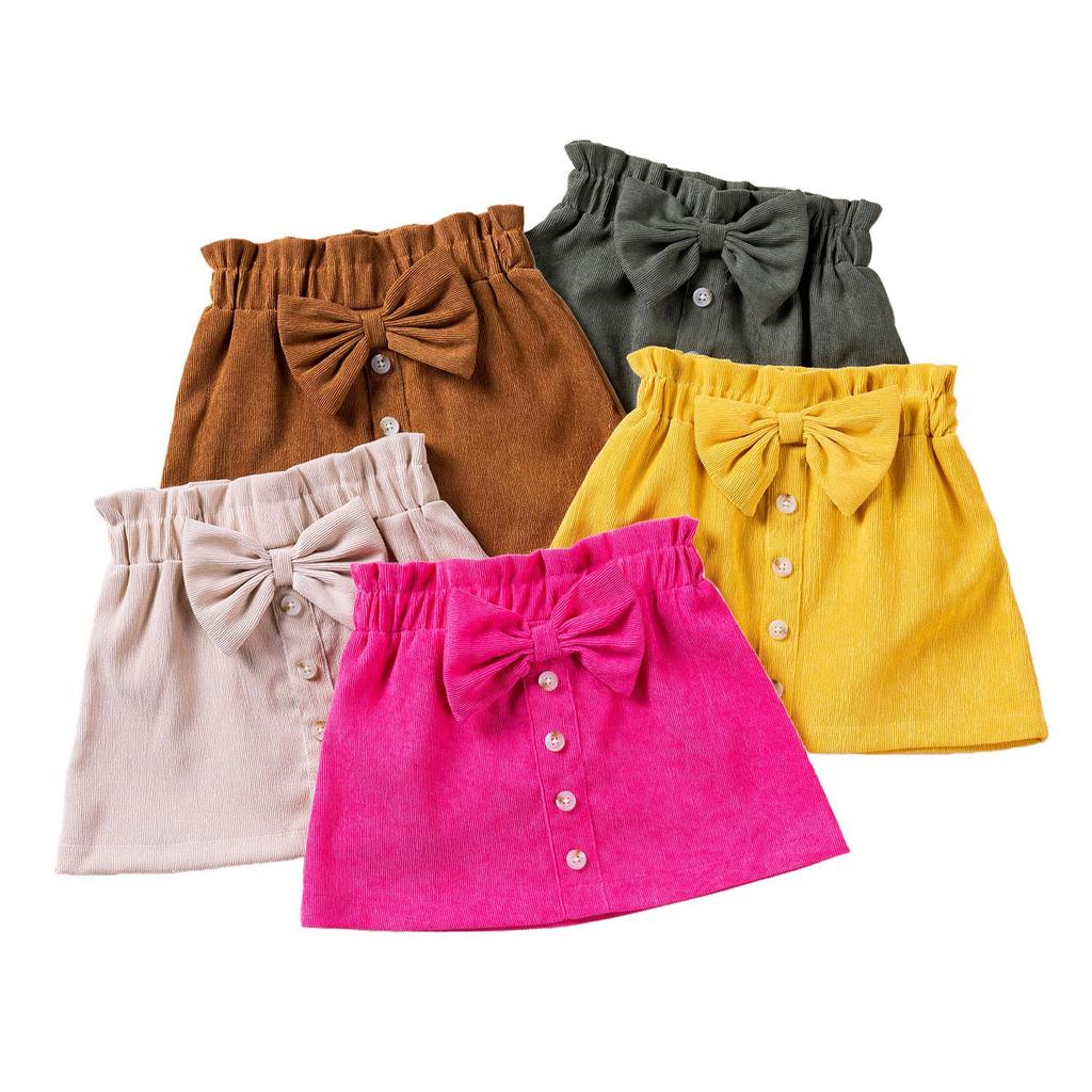 2024 Spring/Autumn Girls' Corduroy Bow Skirt - Solid Color, Single-Breasted, Fashionable.