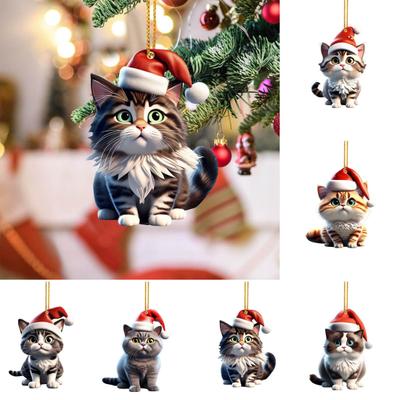 Christmas Cat Pendant Acrylic Santa Hat Cartoon Cat Hanging Decoration Key Ring Kitten Pendant Christmas Tree Decor Gift for Cat Lovers