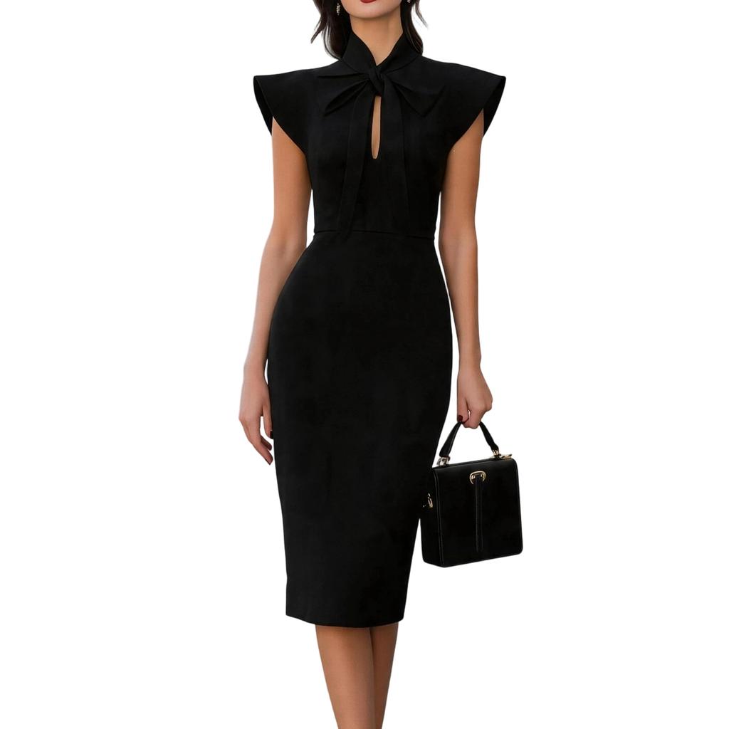 Women Retro Half Collar Tie Neck Ruffle Sleeve Fitted Knee Length Cocktail Pencil Dress for Work Party