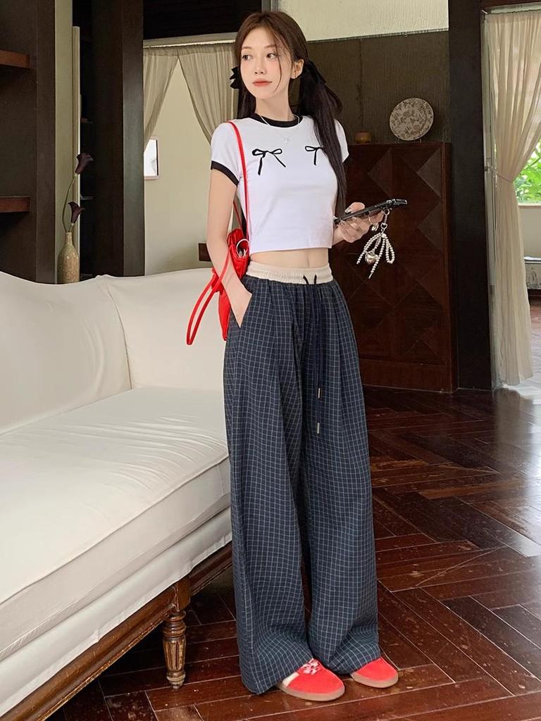 2025 Women's Retro Plaid High-Waist Wide-Leg Pants: Spring/Summer Casual, Versatile, Loose Fit, Floor-Length Trousers