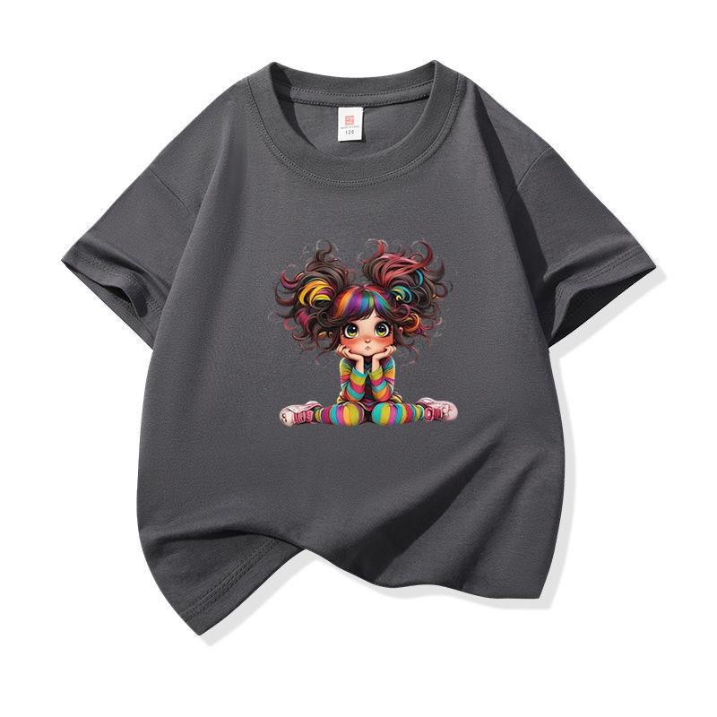 Kids Cotton T Shirt Charming Rainbow Hair Girl Sitting Print Crew Neck Short Sleeve Tee Casual Boys Girls Summer Tops