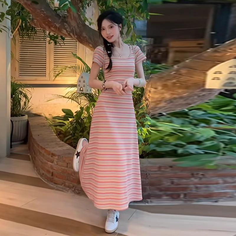 Plus Size French Striped Summer Dress with Waist-Cinching Slimming Design