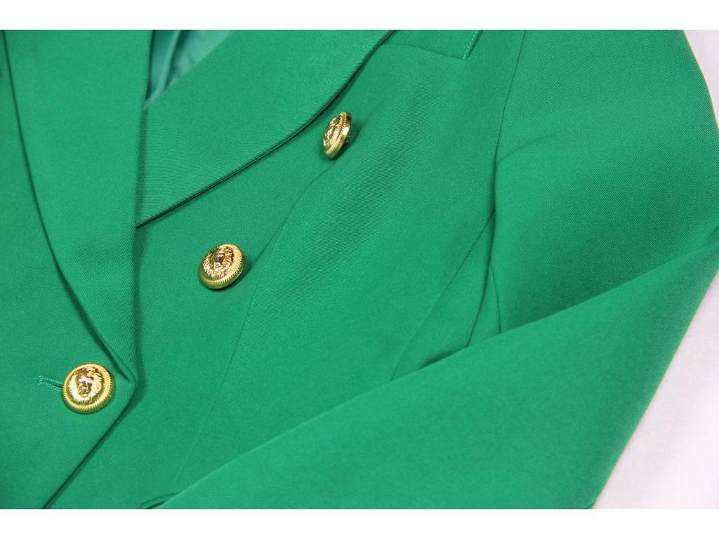 European Green Double-Breasted Women's Suit Jacket with Lion Head Buttons, V-Neck, Slimming Design, Versatile Style