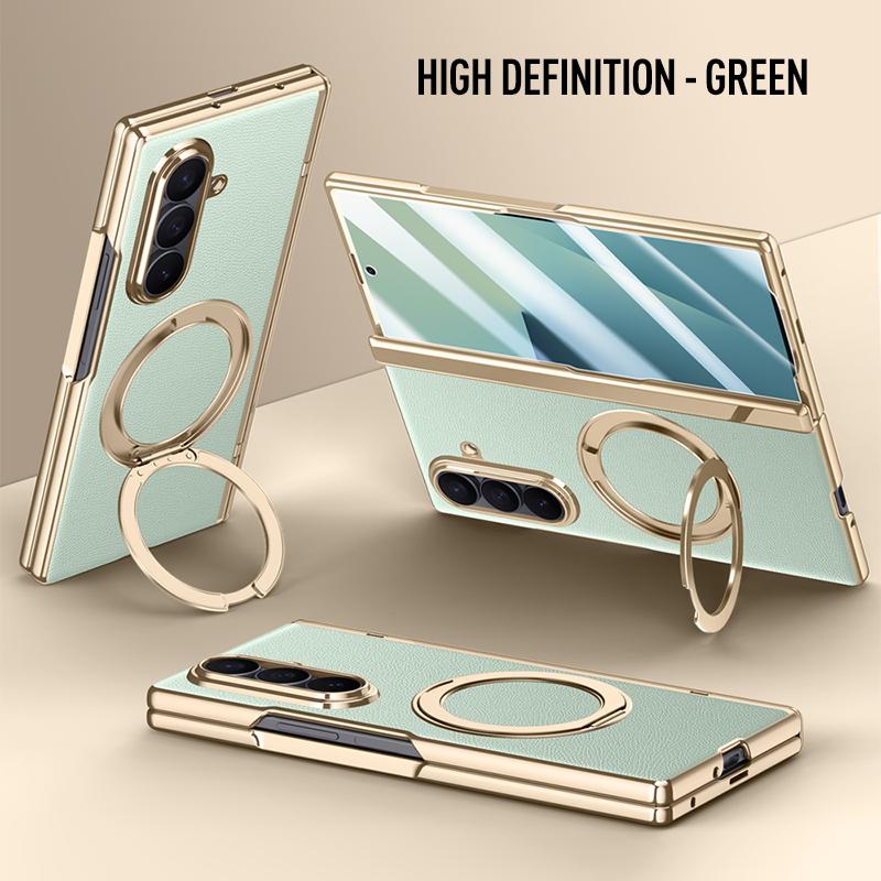 For Samsung Galaxy Z Fold 7 Leather 360° Swivel Bracket Magnetic Tempered Glass Front Membrane Anti-Drop Fingerprint Phone Case