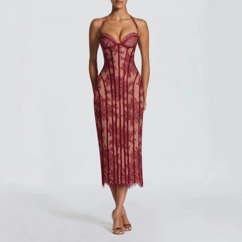 2026 Womens Lace Sleeveless Halter Neck Fitted Midi To Maxi Dress With Corset Waist