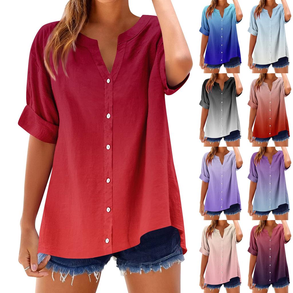 Women's loose printed stand collar short-sleeved cotton and linen top