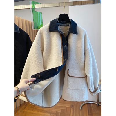Damen Koreanischer Stil Locker Geschnittene Herbst/Winter Jeans und Lammfell Patchwork Jacke mit Langen Ärmeln