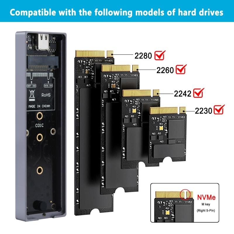 Double Protocol M.2 NVMe SSD Enclosure with Lighting Aluminum Case Easy to Use for 2230 2242 2260 2280 SSD Box