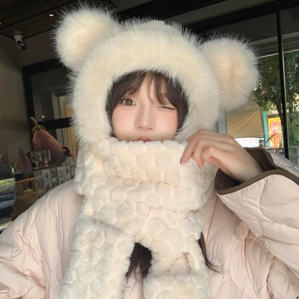 Warm 3-in-1 Cap Scarf Gloves Set Winter Integrated Cap Scarf Bear Ear Hooded Scarf for Women