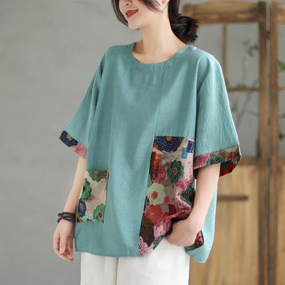Sommer Plus Size Damen T-Shirts Kurzarm Tops Tees Lose Vintage Casual Patchwork Floral Baumwolle Leinen Hemd