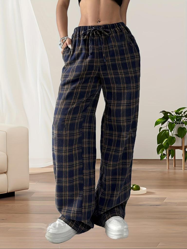 2024 Autumn/Winter Women's High-Waisted Plaid Wide-Leg Pants - Perfect for Back-to-School, Christmas, and Daily Wear