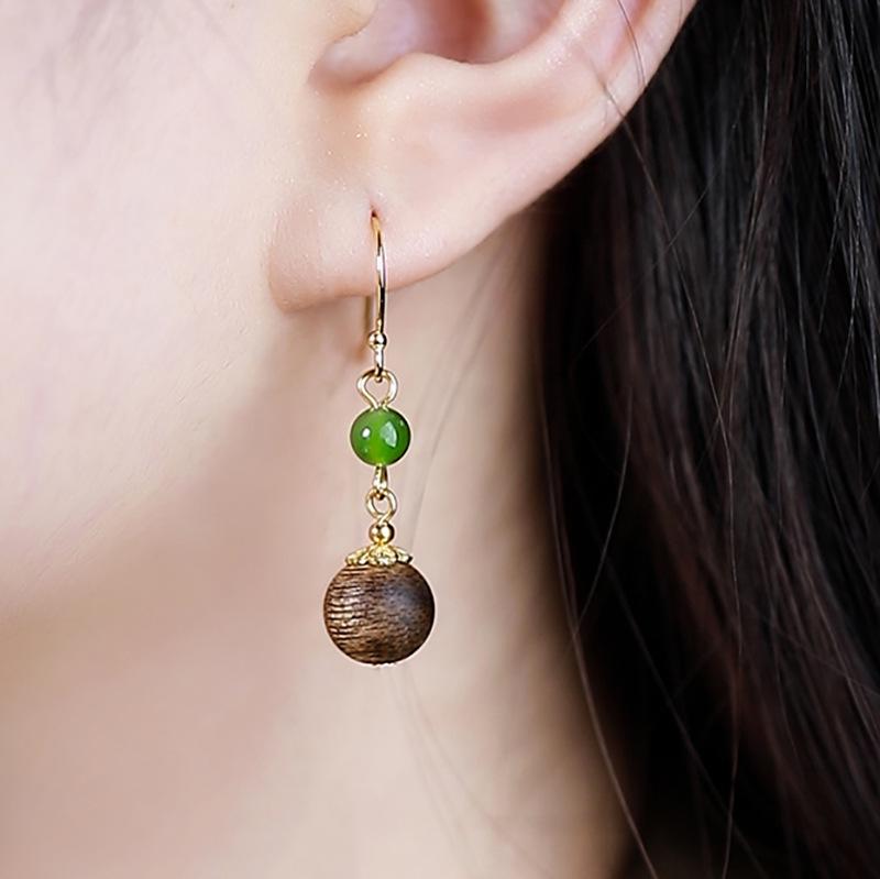 Agarwood Tassel Wooden Earrings with Hetian Jade Bi Hooks - New Chinese Style Long Dangle National Style Earrings