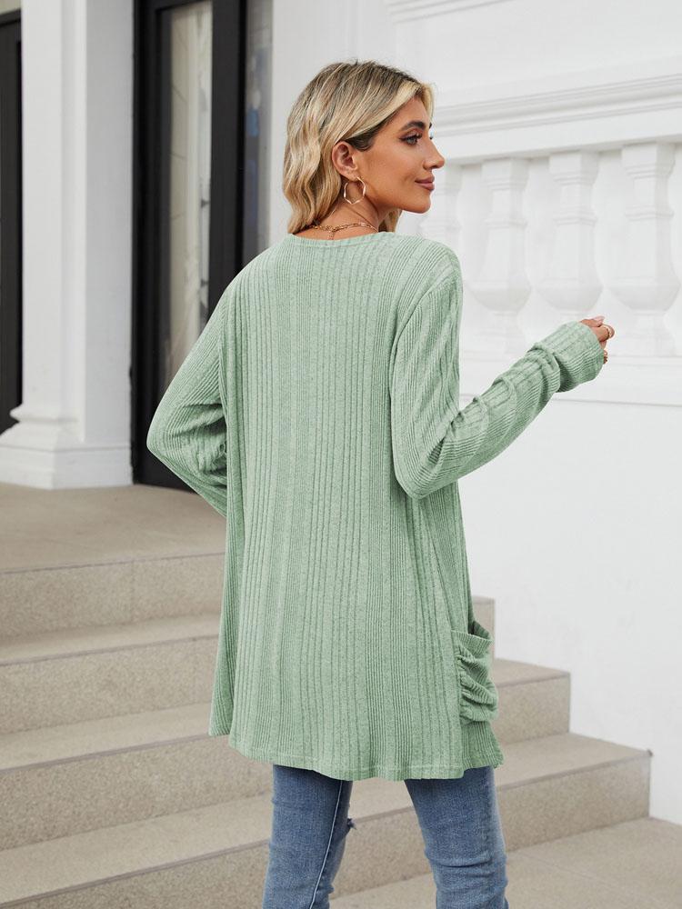 Autumn and Winter New Pit Stripes Long-sleeved Pockets Casual Solid Color Cardigan Jacket Long Cardigan Women Tops Kawaii Sweater